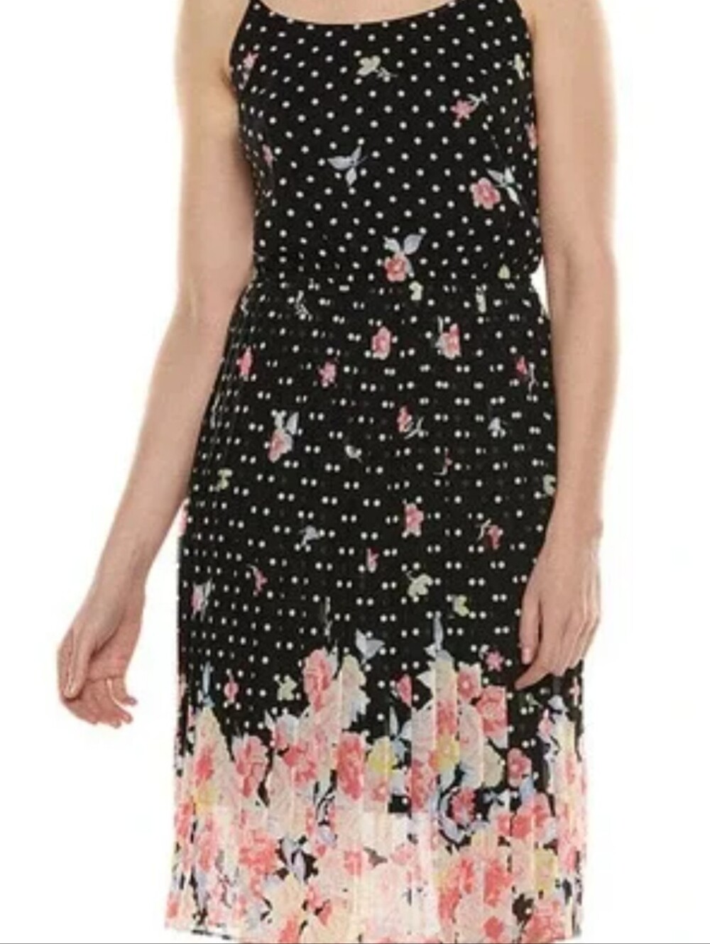 Elle Black Midi Dress with Pink Floral & White Polka Dots